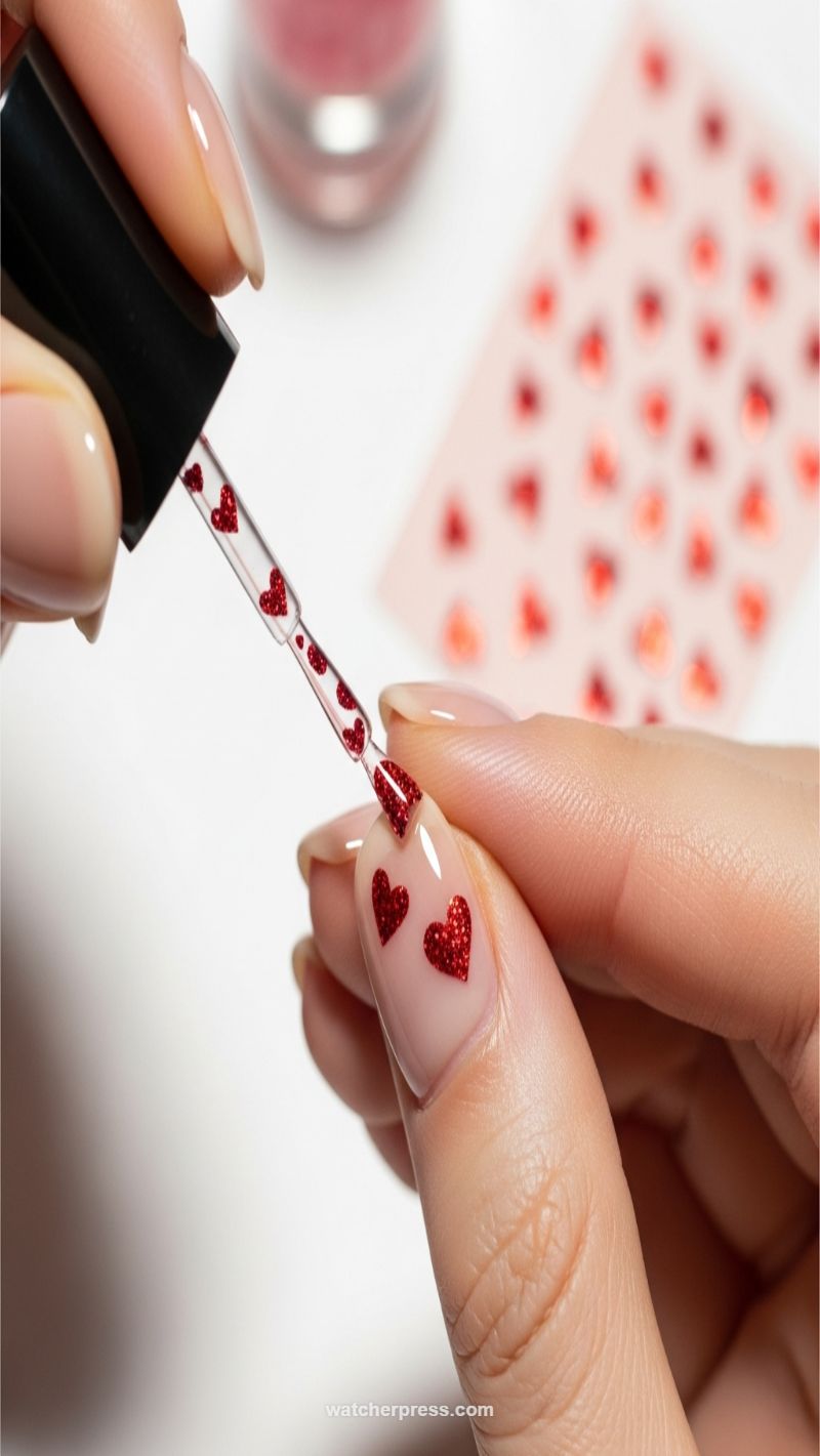 DIY Minimalist Nude Nails with Red Glitter Hearts
