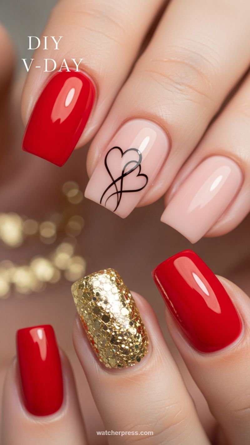 DIY V-Day Mixed Media: Red, Gold Glitter & Line Art Hearts
