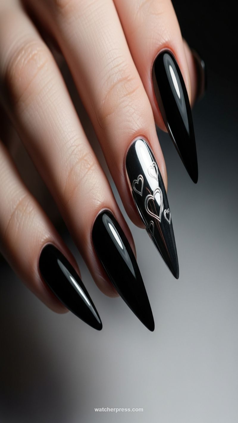 Dramatic Glossy Black Stiletto with Chrome Heart Accents