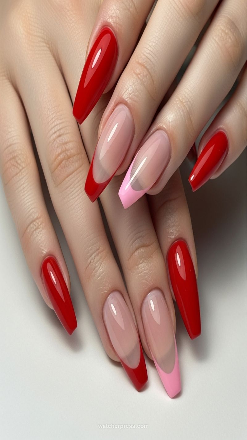 Dramatic Red V-Cut French Manicure Mix