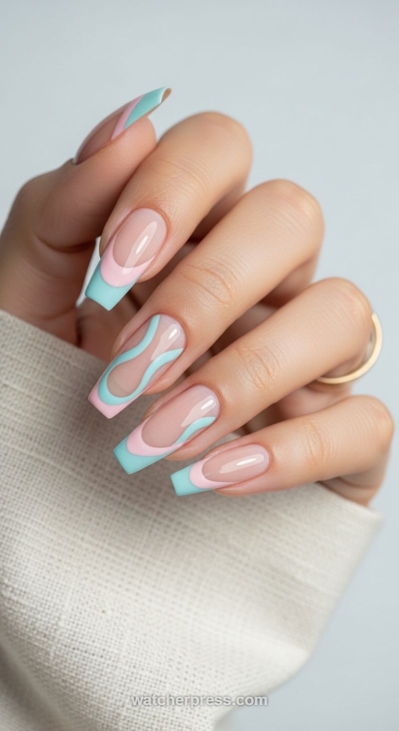 Dual-Tone Pastel Abstract Wave French Manicure