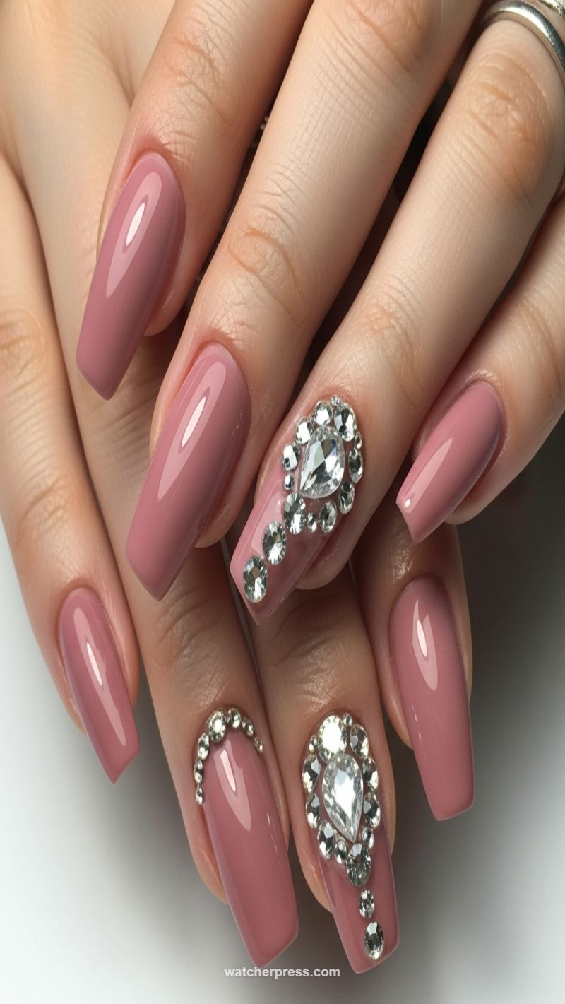 Dusty Rose Glam with Dramatic Rhinestone Cluster