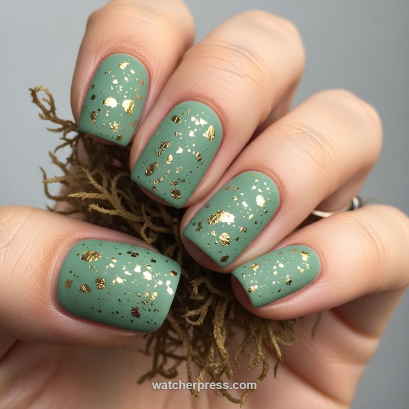Earthy Elegance: Matte Mint with Gilded Flakes