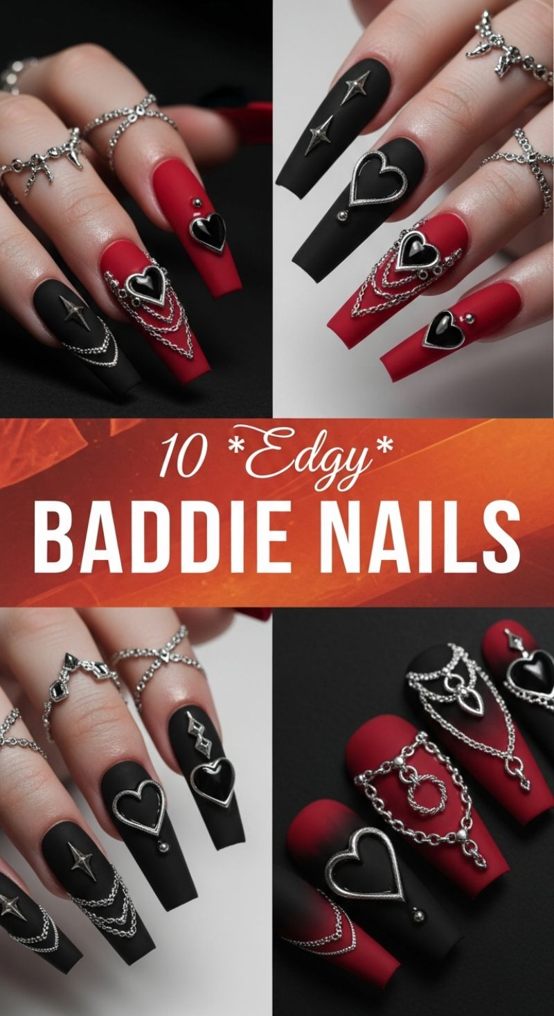 Edgy Baddie Nails: Gothic Glamour in Black and Red