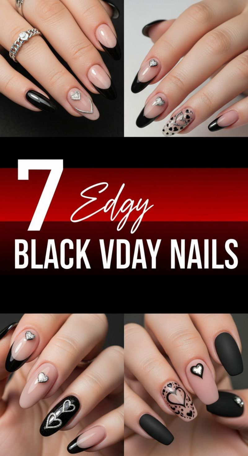 Edgy Black V-Day Nails: Gothic Glamour Meets Romantic Chic