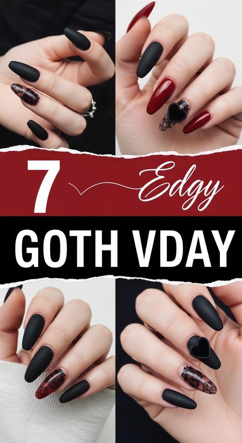 Edgy Goth VDay Nails: Matte Black, Lace, and Bloody Red Accents