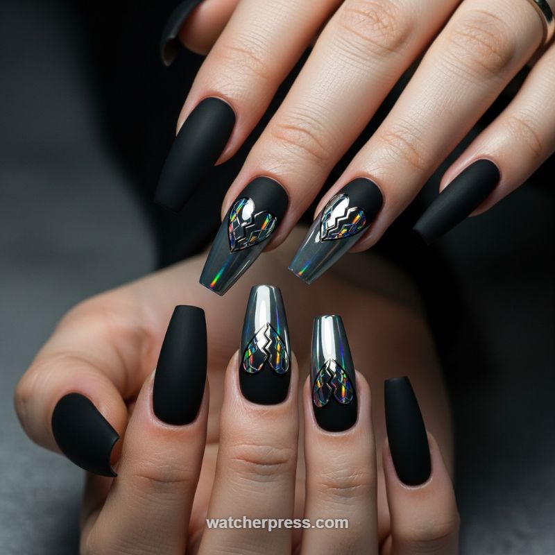Edgy Matte Black Coffin Nails with Holographic Broken Hearts