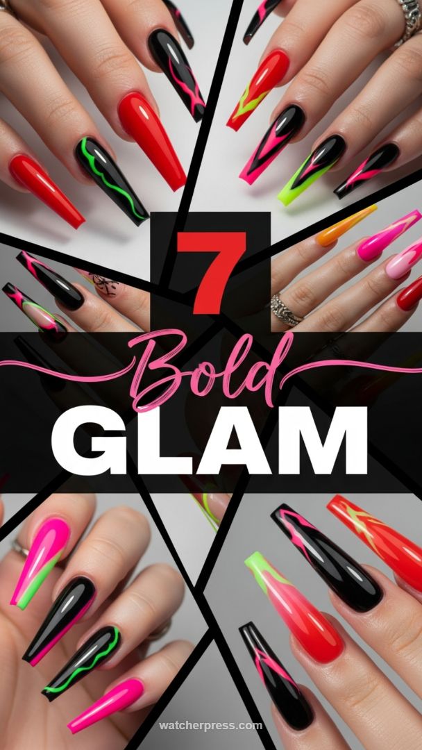 Electrified Edge: Dramatic Coffin Nails Featuring High-Contrast Neon Flame and Abstract Line Art