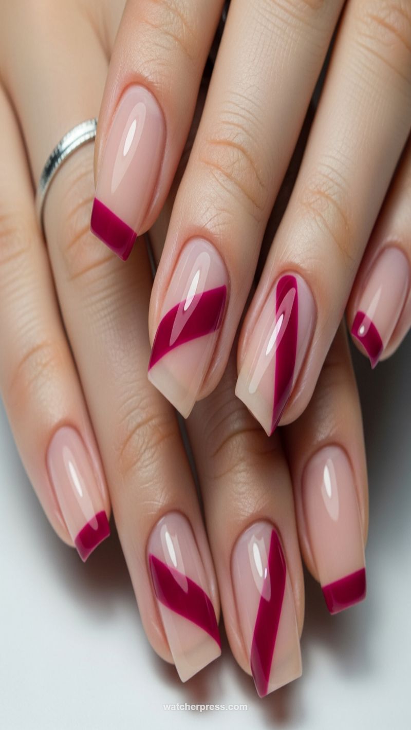 Elegant Burgundy Ribbon Stripes and French Tips