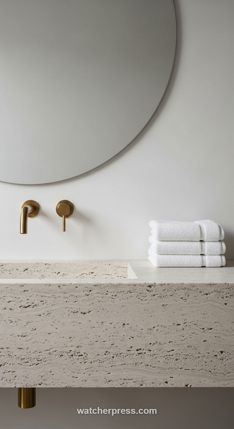 Elevate Neutrals with Travertine Texture and Warm Brass Accents