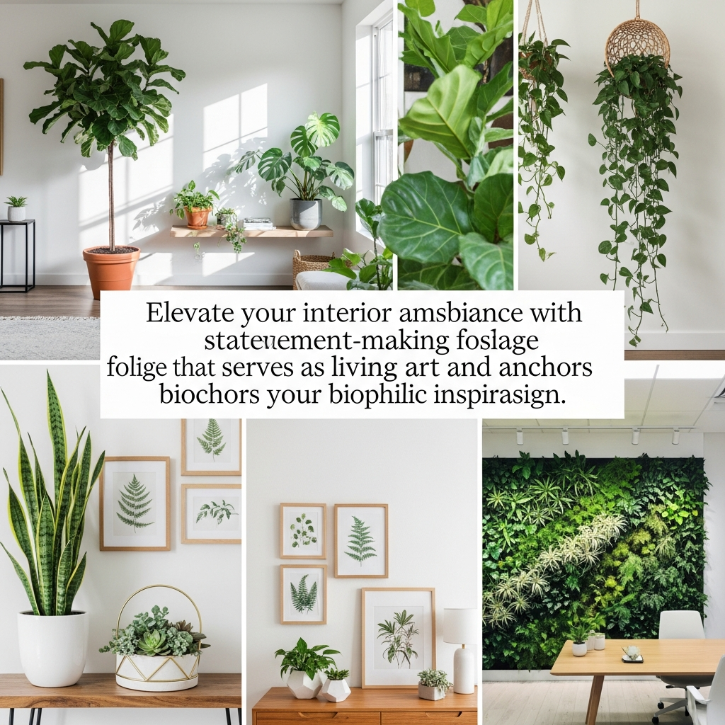 Elevate your interior ambiance with statement-making foliage that serves as living art and anchors your biophilic design.