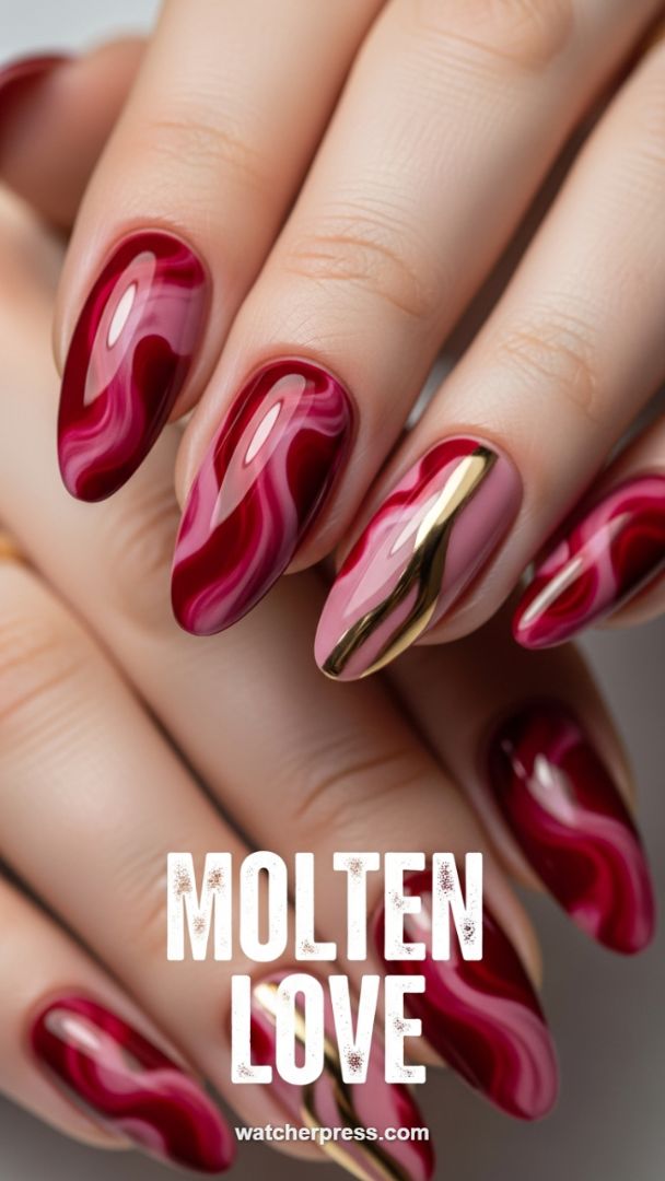 Elevated Marbling: Dynamic Crimson Swirls and Chrome Gold Placement