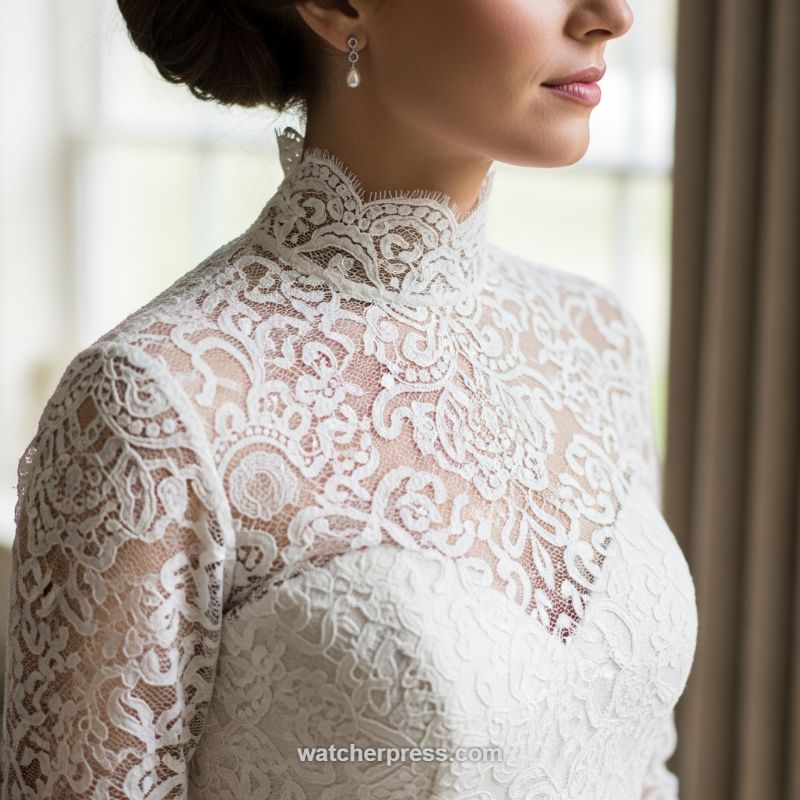 Elevating Silhouettes with High-Neck Lace Overlays and Sleeves