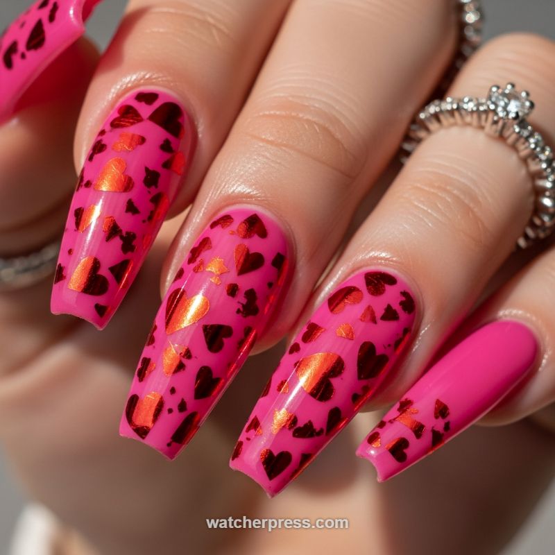 Fierce Fuchsia Heart Foil Statement Nails