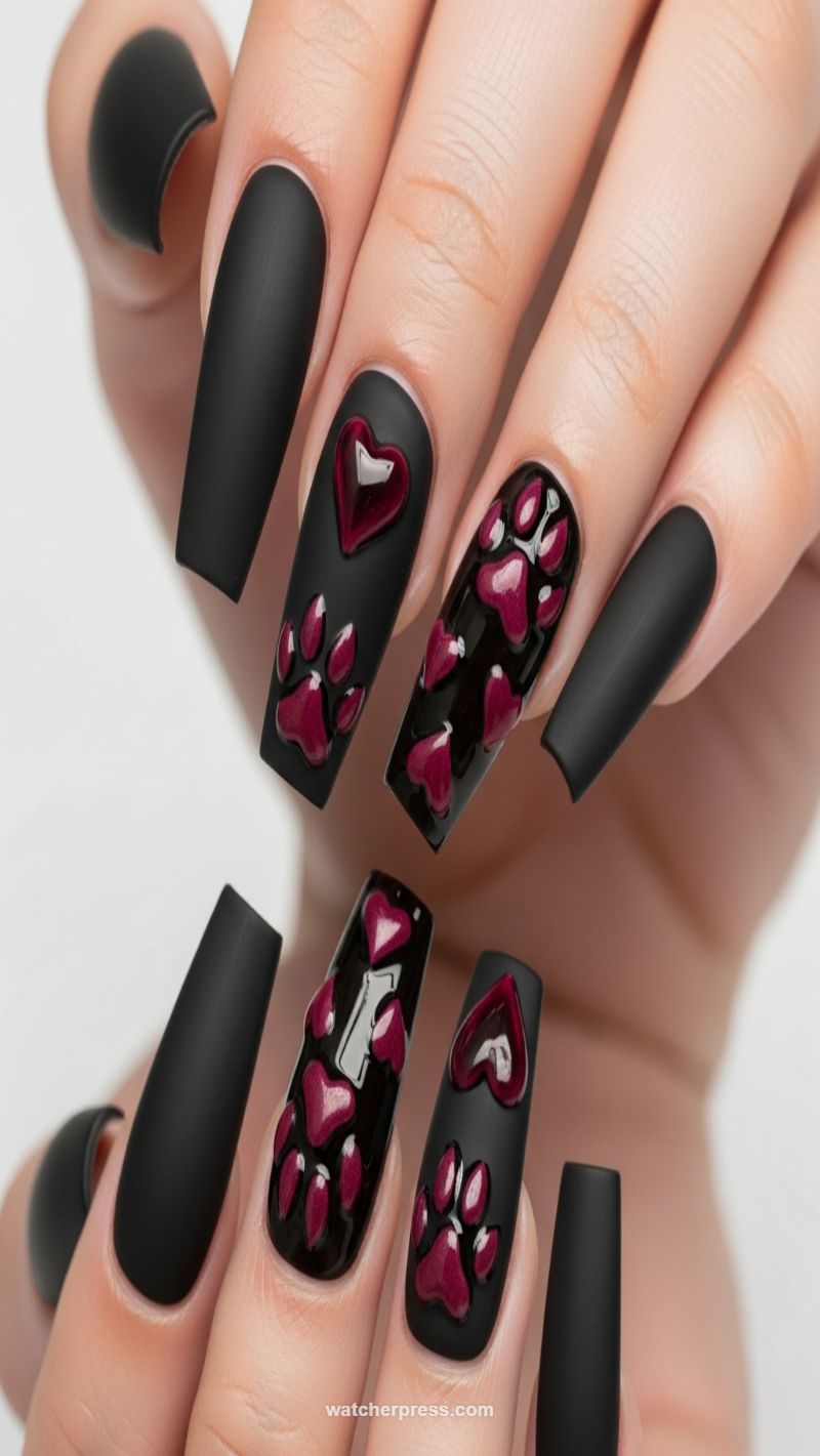 Fierce Matte Black Nails with Glossy 3D Paw Prints