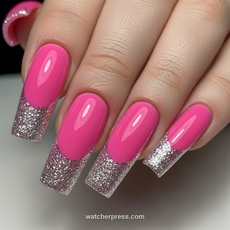 Fuchsia French Tips with Mardi Gras Glitter Glam