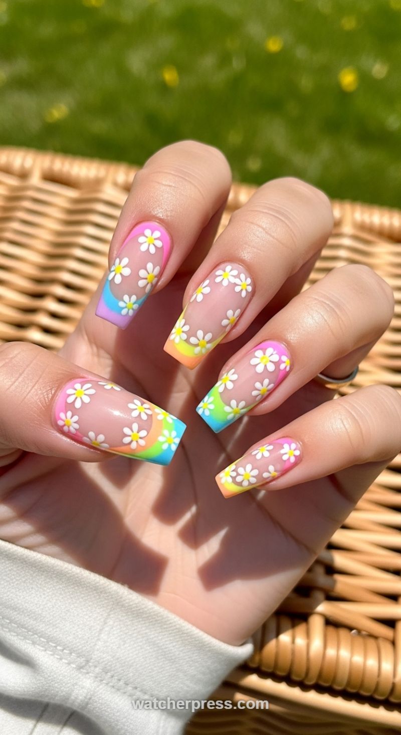 Galentine's Garden: Pastel Rainbow French Tips with Daisy Accents