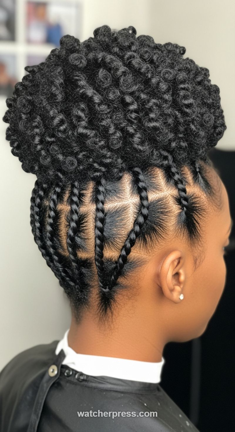 Geometric Flat Twist Updo with Voluminous Coiled Bun