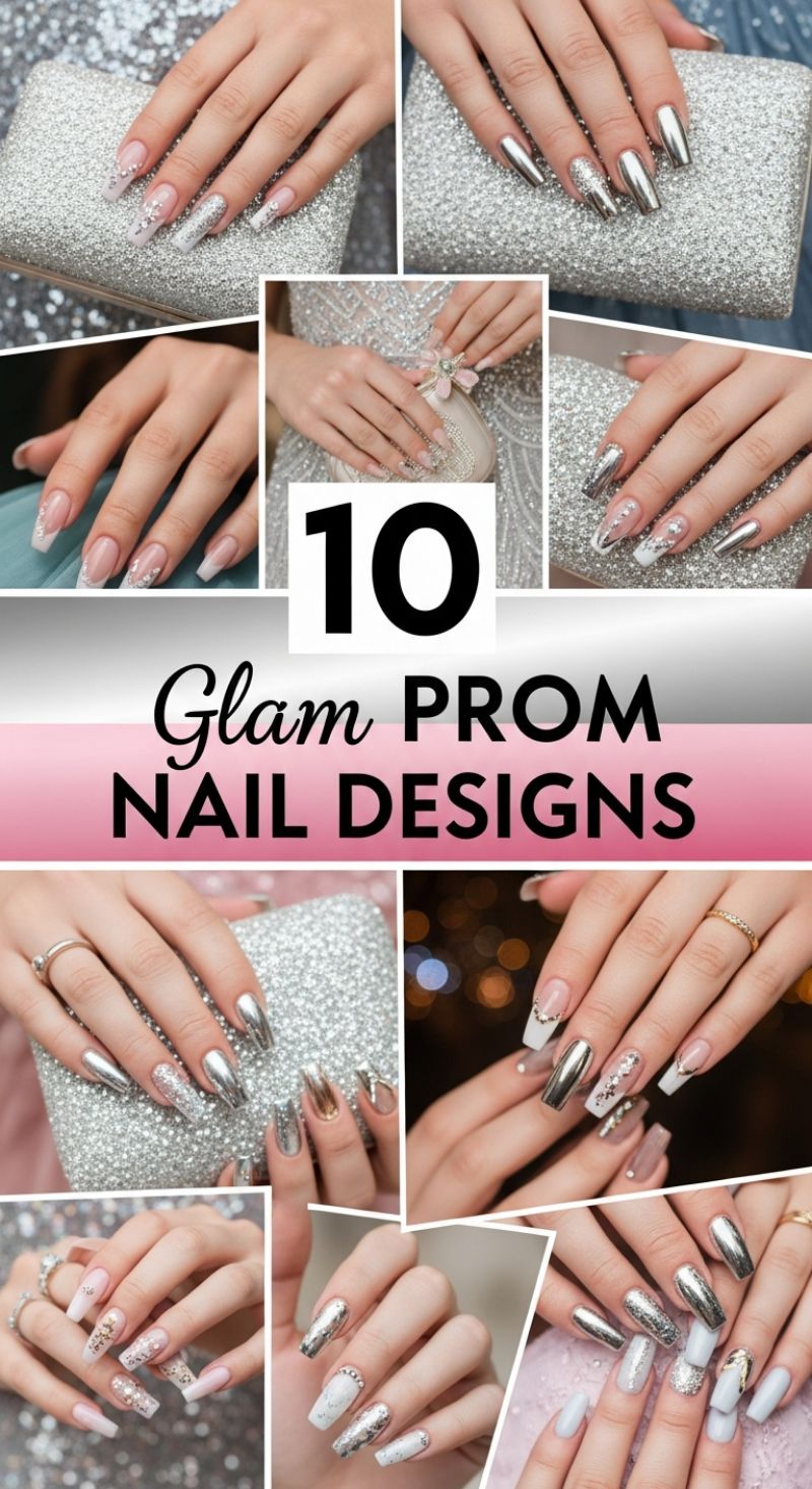 Glam Prom Nail Designs: Silver Chrome, Glitter, and Rhinestone Extravaganza