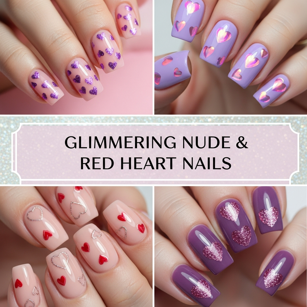 Glimmering Nude & Red Heart Nails