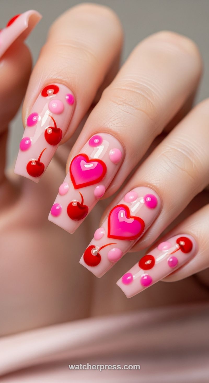 Glossy 3D Jelly Nails: Dimensional Hearts and Cherries