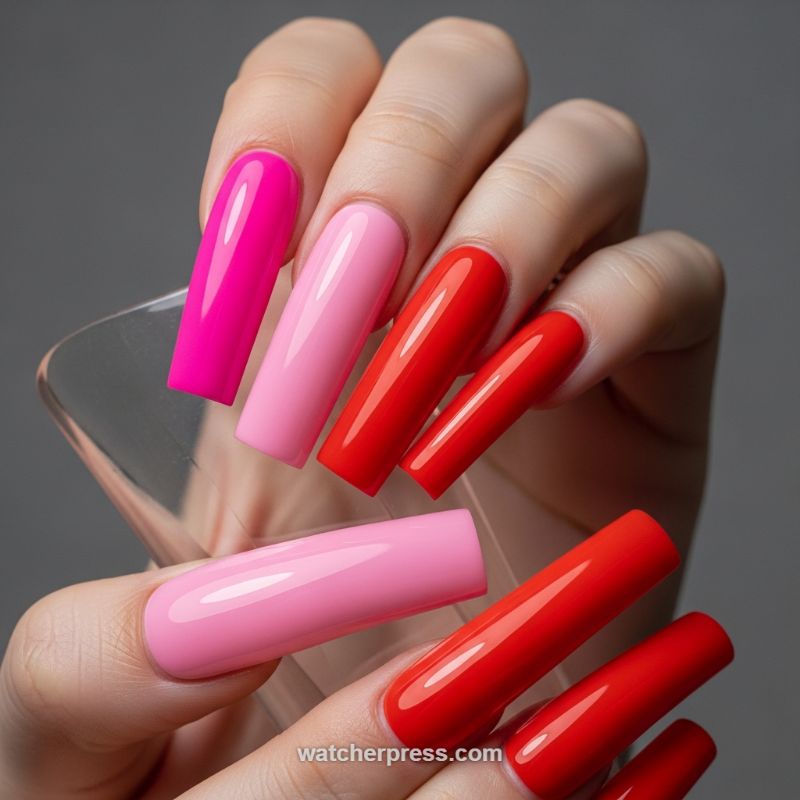 Glossy Alternating Pink & Red Statement Nails