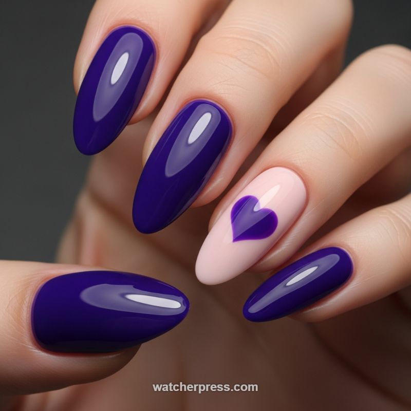 Glossy Indigo and Blush Pink Heart Manicure