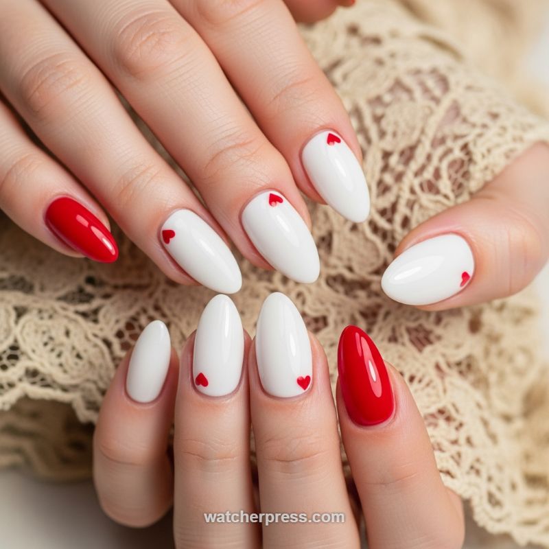 Glossy Romantic Heart Accent Nails (Almond Shape)