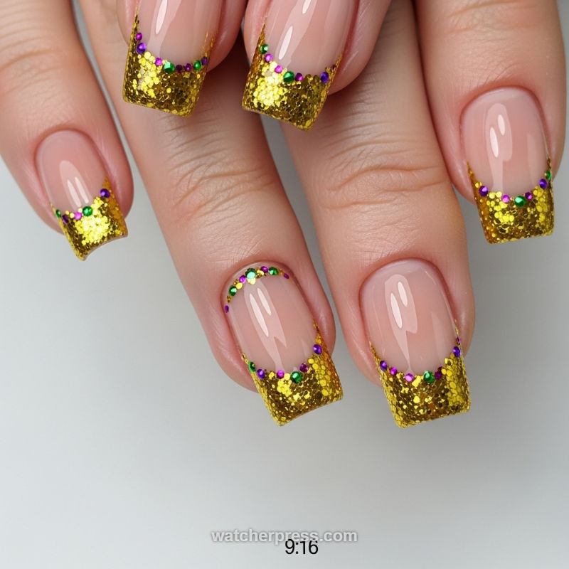 Golden Carnival French Manicure with Purple and Green Gemstone Border