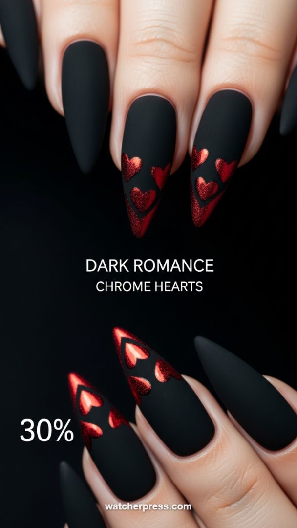 Gothic Glamour: Mastering the Matte Black Base with Fiery Chrome Heart Accents