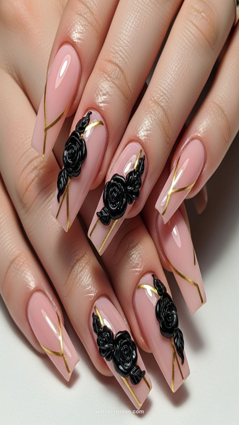 Gothic Romance: 3D Black Roses on Blush Coffin Nails