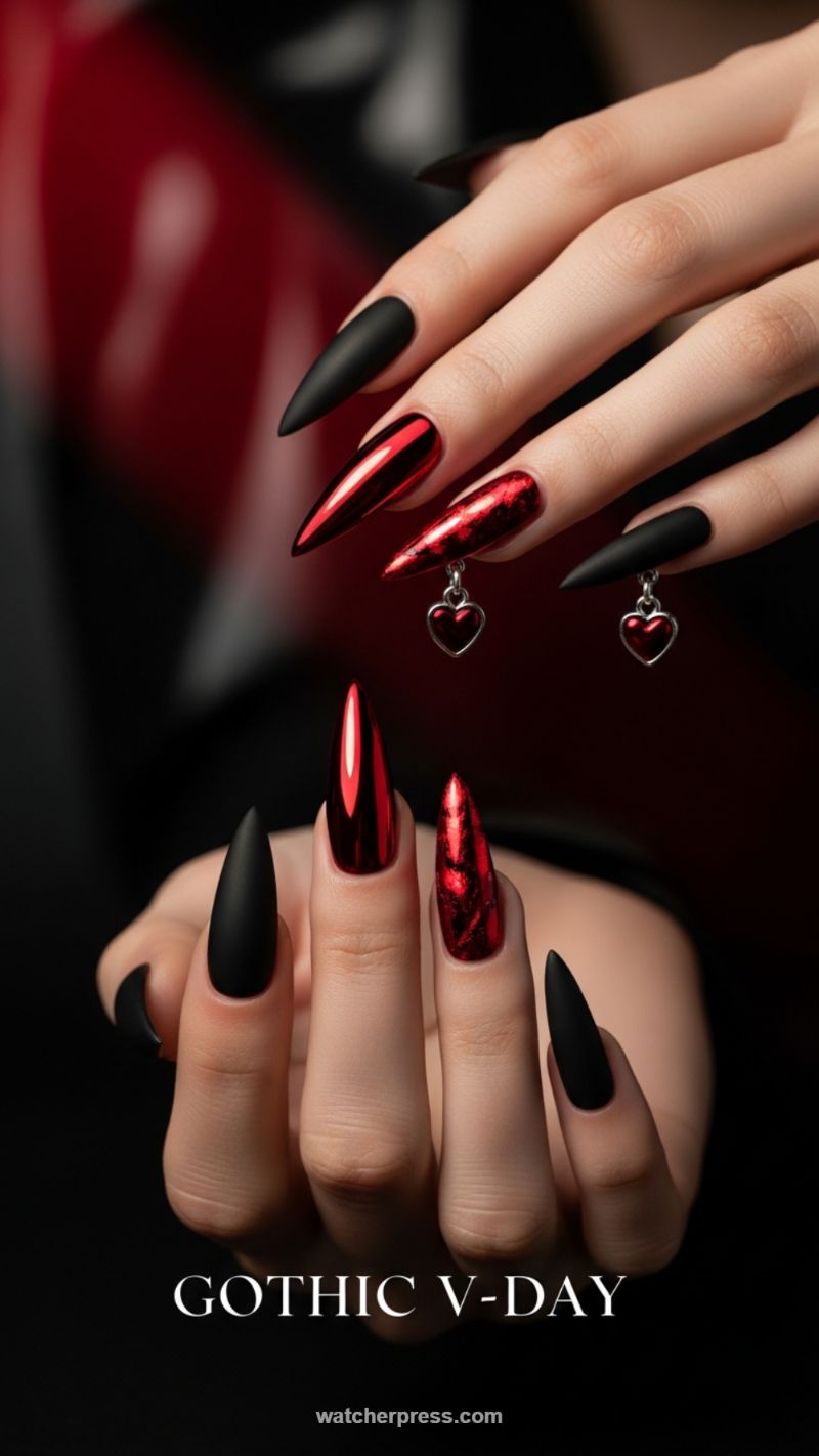 Gothic V-Day Stiletto Nails with Metallic Red Chrome