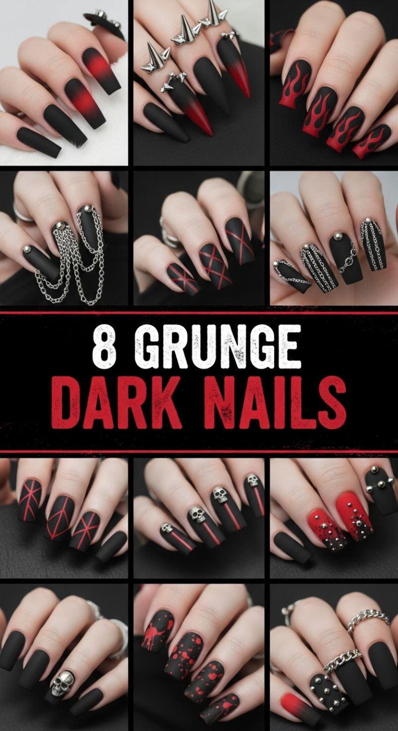 Grunge Dark Nails: Edgy Designs Featuring Chains, Spikes, and Matte Black