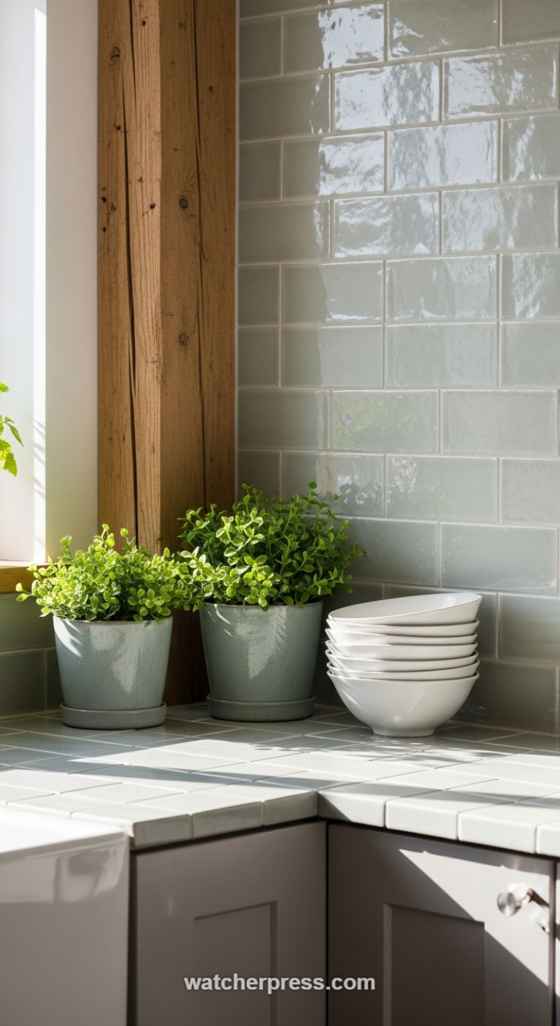 Harmonizing Glossy Tiles and Rustic Wood for Organic Kitchen Appeal