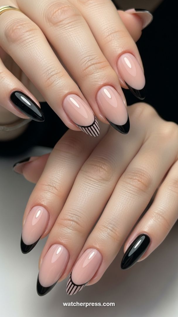 High-Contrast Black French Nails with Graphic Striped Detail
