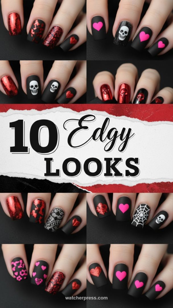 High-Contrast Goth Glamour: 10 Edgy Matte Black Designs Featuring Red Foil and Neon Pink Accents