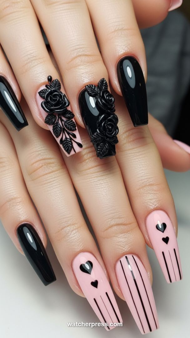 High-Contrast Gothic Glamour: 3D Black Roses and Pink Line Art