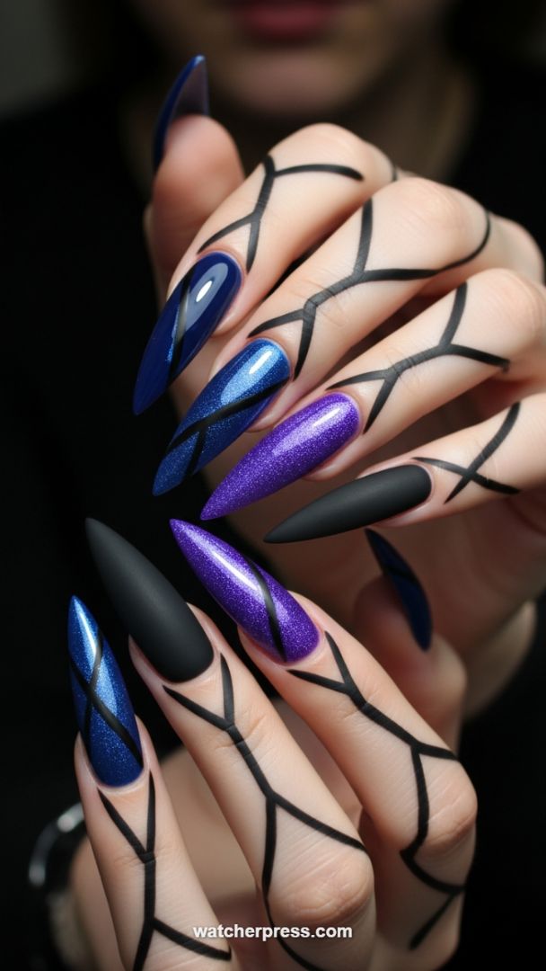 High-Drama Stiletto Nails: Electric Glitter, Matte Black, and Finger Harness Art