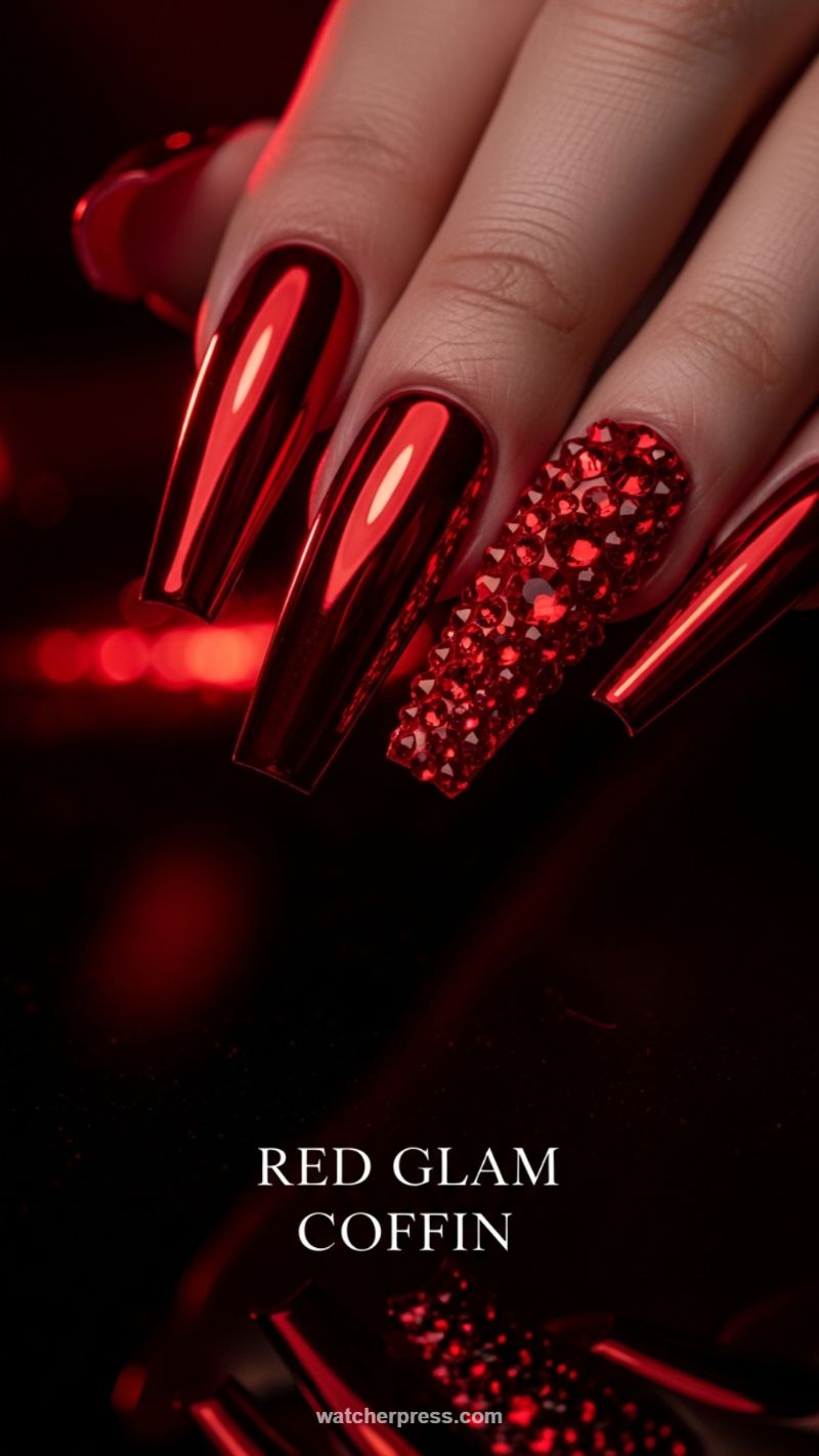High-Gloss Red Glam Coffin Nails with Full Bling Accent