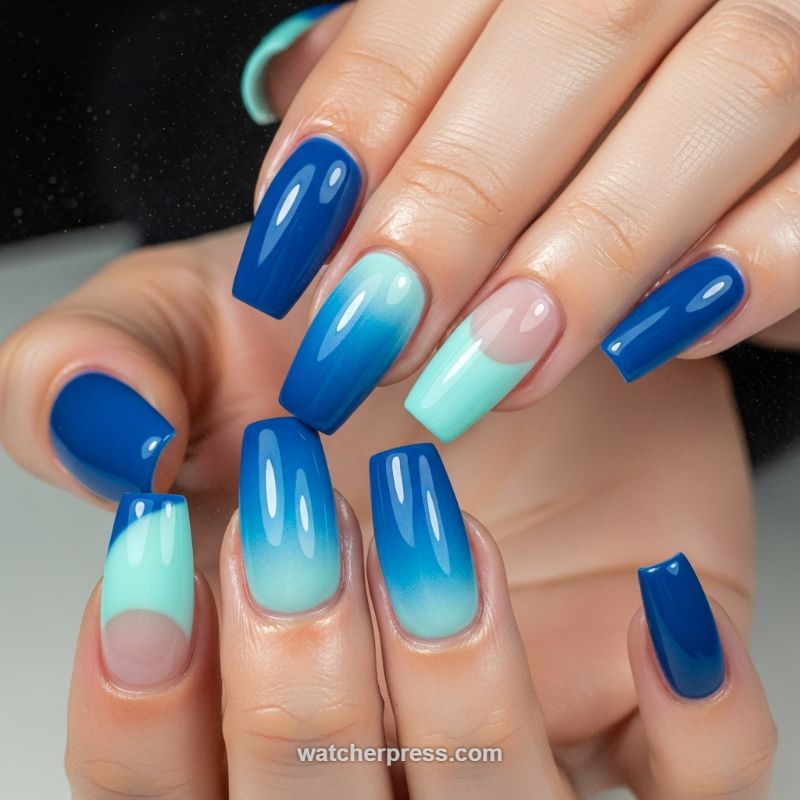 High-Shine Nautical Blue Gradient and Color Block Nails