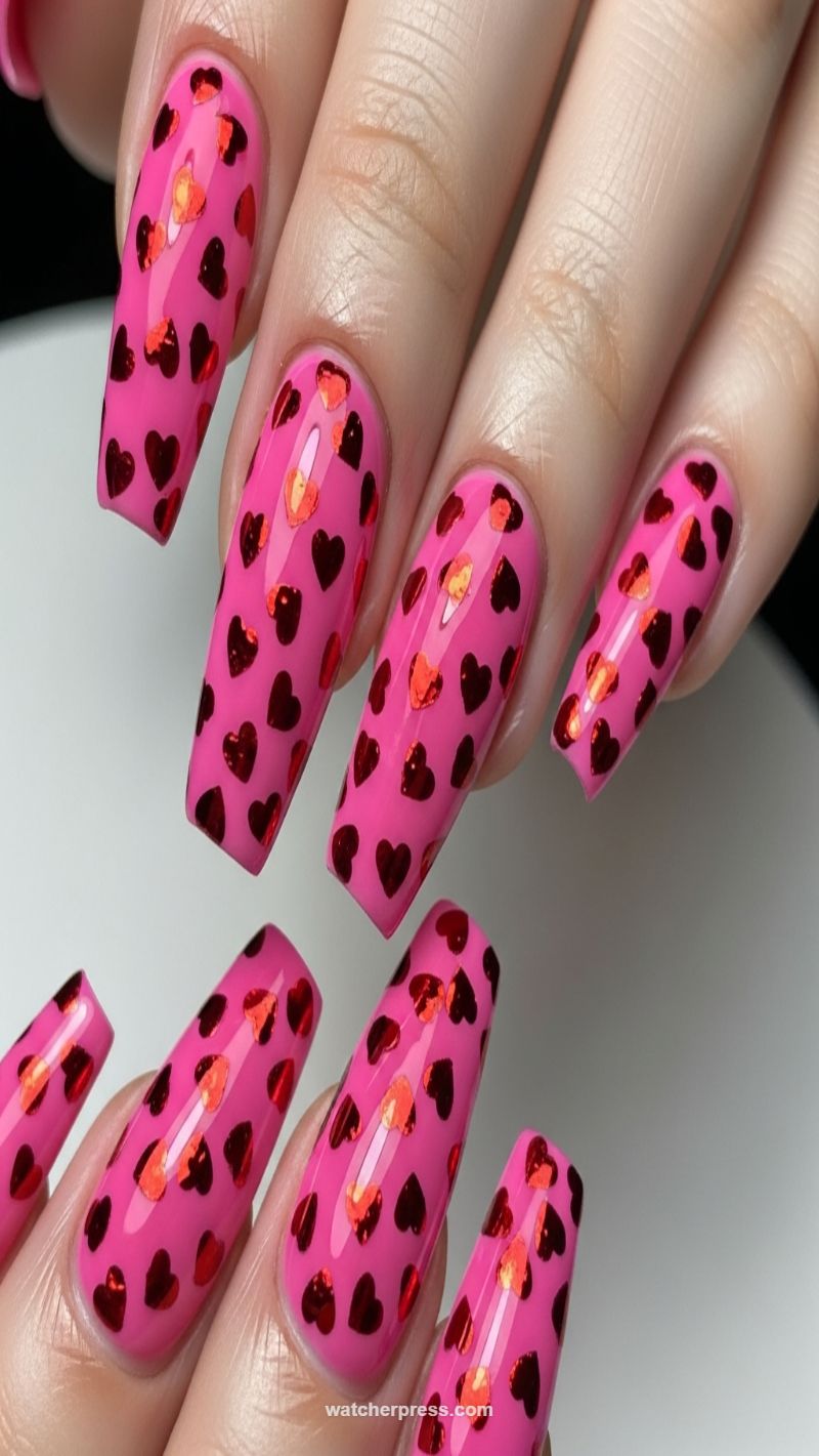 Hot Pink Holographic Heart Confetti Nails