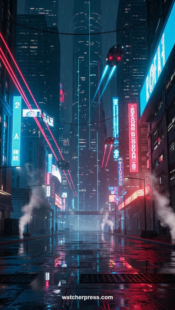 Immersive Cyberpunk Cityscape: Rain-Soaked Neon Reflections