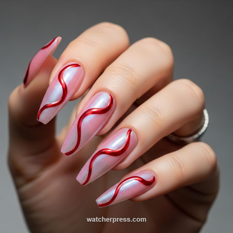 Iridescent Pink & Liquid Red Ribbon Nails