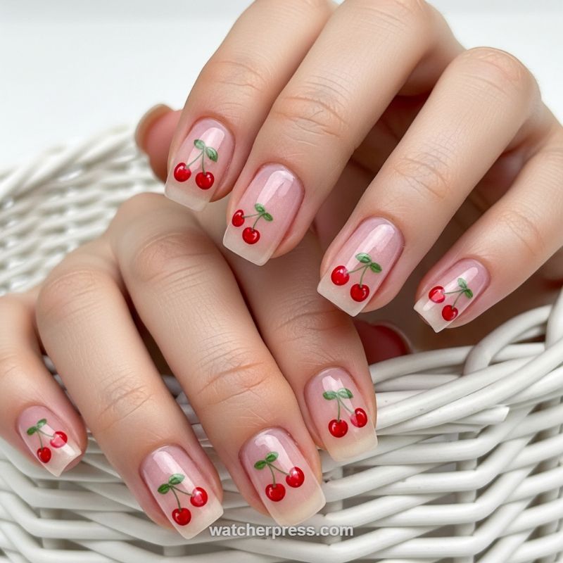 Juicy Cherry Nude Nails