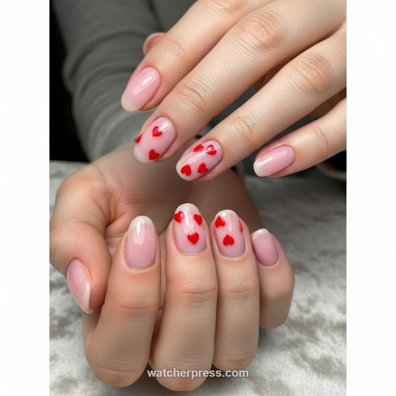 Lip Gloss Nails with Floating Red Hearts