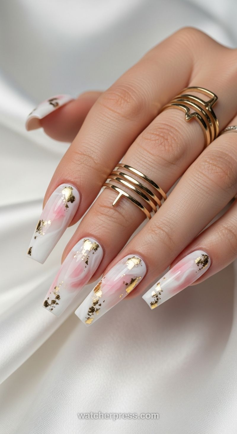 Luxurious Abstract Wave Nails featuring Gold Leaf