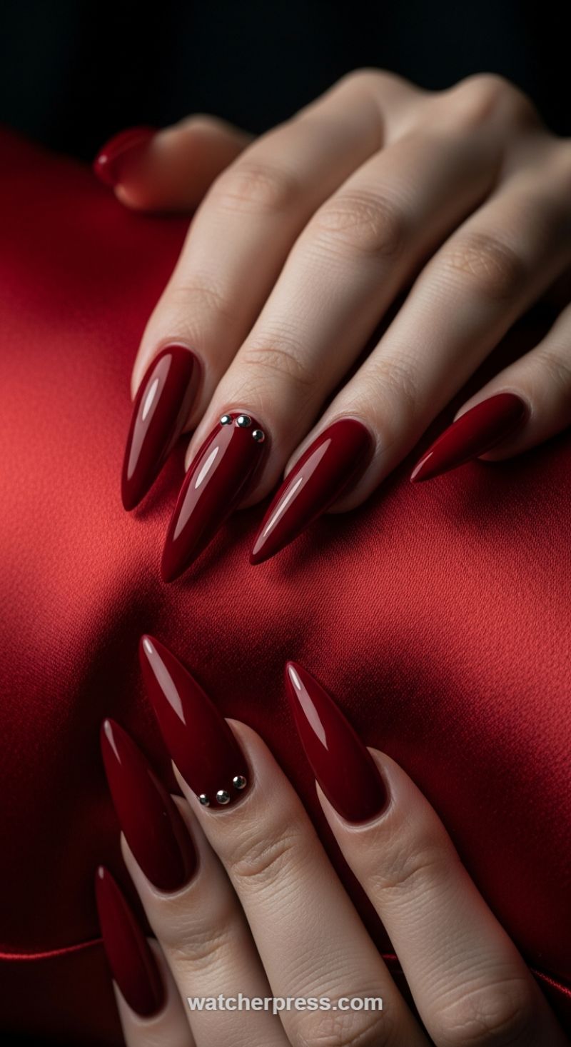 Luxurious Deep Red Stiletto Nails with Subtle Silver Embellishments
