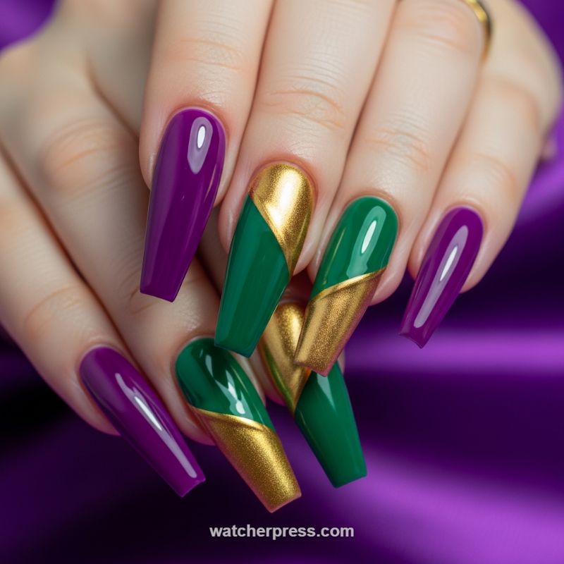 Majestic Mardi Gras Coffin Nails: Regal Purple, Emerald Green, and Gold Diagonals