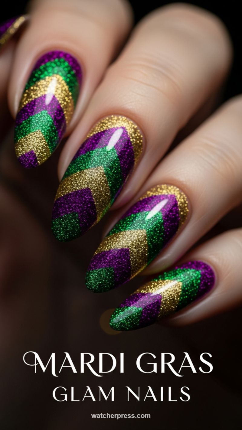 Mardi Gras Glam Nails: Glitter Chevron