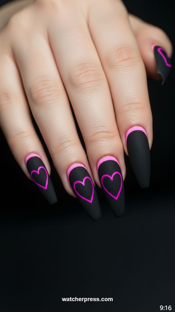 Matte Black Coffin Nails with Neon Pink Heart Outlines and Reverse French Tips